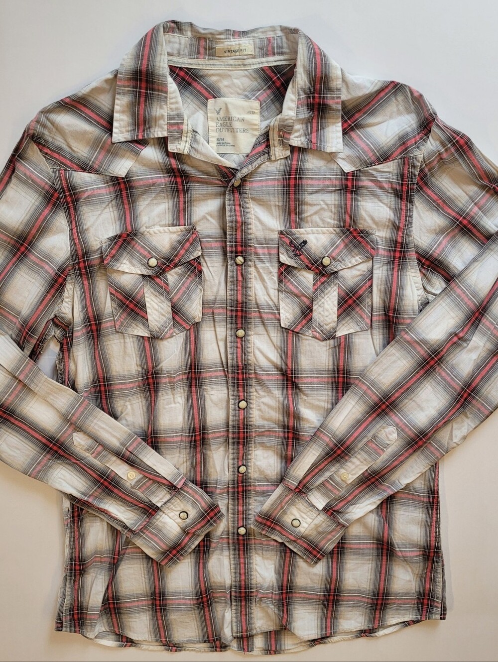 American Eagle Men’s Plaid Western Pearl Snap Shirt Red Cream Medium 2009